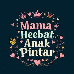 A captivating back design for a t-shirt with a playful yet elegant theme titled 'Mama Hebat, Anak Pintar'