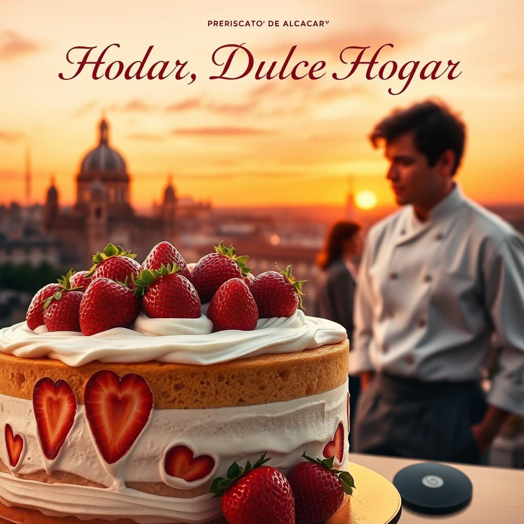 A romantic movie poster featuring a vibrant Fraisier cake in the foreground, adorned with fresh, glistening strawberries