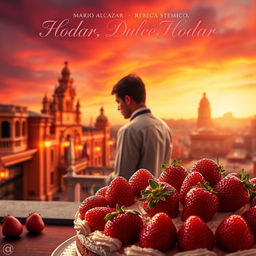 A romantic movie poster featuring a vibrant Fraisier cake in the foreground, adorned with fresh, glistening strawberries