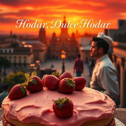 A romantic movie poster featuring a vibrant Fraisier cake in the foreground, adorned with fresh, glistening strawberries