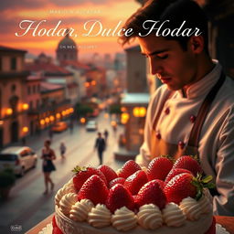 A romantic movie poster featuring a vibrant Fraisier cake in the foreground, adorned with fresh, glistening strawberries