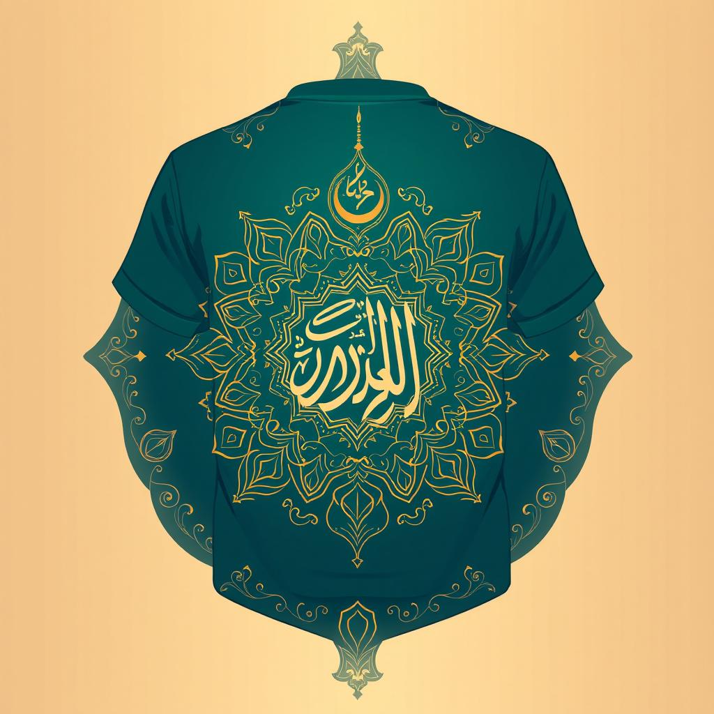 An elegant and whimsical back design for a t-shirt with an Islamic family theme
