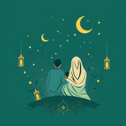 An elegant and whimsical back design for a t-shirt with a Muslim family theme