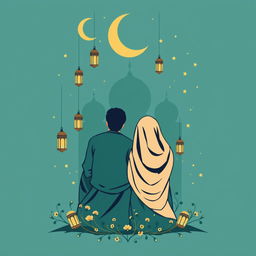 An elegant and whimsical back design for a t-shirt with a Muslim family theme