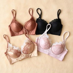 A collection of elegant bras featuring different designs and colors displayed neatly on a soft textured background