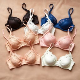 A collection of elegant bras featuring different designs and colors displayed neatly on a soft textured background