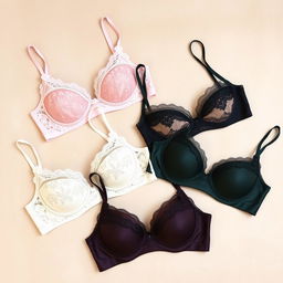 A collection of elegant bras featuring different designs and colors displayed neatly on a soft textured background