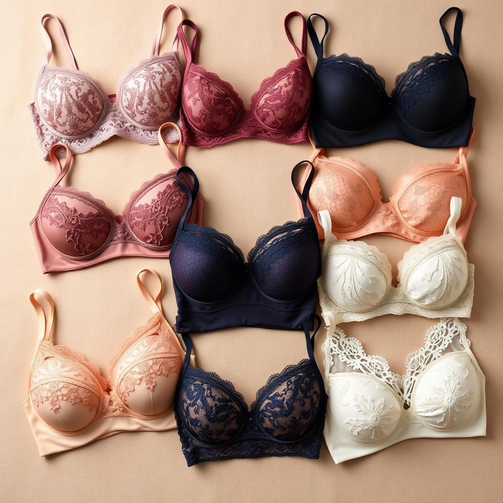 A collection of elegant bras featuring different designs and colors displayed neatly on a soft textured background