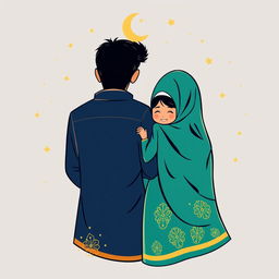 A charming and elegant back design for a t-shirt featuring a Muslim family: a mother, father, daughter, and son