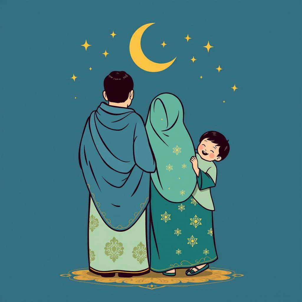 A charming and elegant back design for a t-shirt featuring a Muslim family: a mother, father, daughter, and son