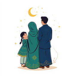 A charming and elegant back design for a t-shirt featuring a Muslim family: a mother, father, daughter, and son