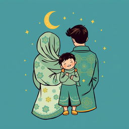 A charming and elegant back design for a t-shirt featuring a Muslim family: a mother, father, daughter, and son