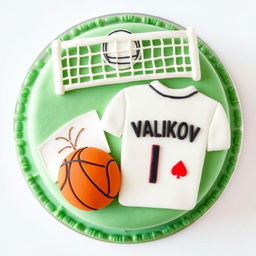 A bento cake design featuring a volleyball net at the top of the cake, with a flat illustration