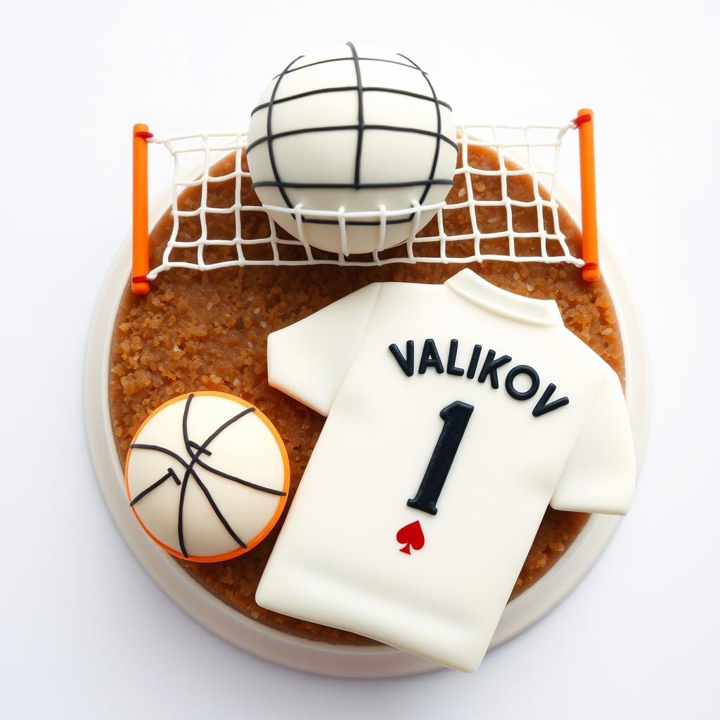 A bento cake design featuring a volleyball net at the top of the cake, with a flat illustration