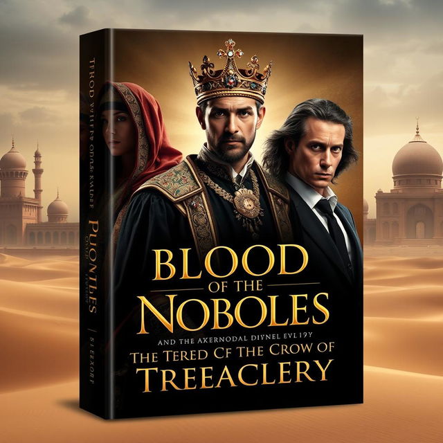 An evocative book cover for the historical novel "The Blood of the Nobles and the Crown of Treachery," set in Egypt in the year 1700 within a Muslim country