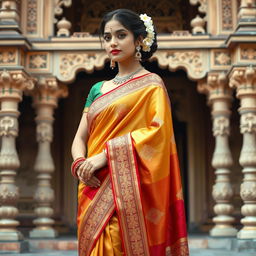 A woman wearing a beautifully draped traditional Indian saree, showcasing intricate embroidery and vibrant colors