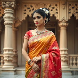 A woman wearing a beautifully draped traditional Indian saree, showcasing intricate embroidery and vibrant colors