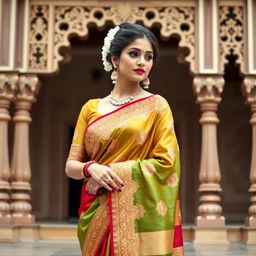 A woman wearing a beautifully draped traditional Indian saree, showcasing intricate embroidery and vibrant colors