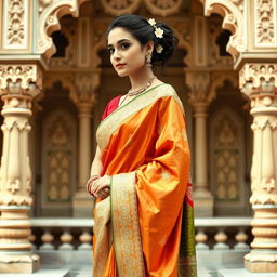 A woman wearing a beautifully draped traditional Indian saree, showcasing intricate embroidery and vibrant colors