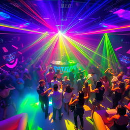 A vibrant and energetic dance club scene with a large crowd of people dancing under colorful, pulsating lights