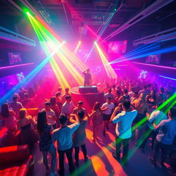 A vibrant and energetic dance club scene with a large crowd of people dancing under colorful, pulsating lights