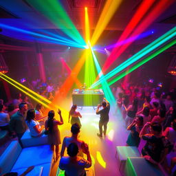 A vibrant and energetic dance club scene with a large crowd of people dancing under colorful, pulsating lights