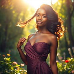 Prisca, the 24-year-old woman with beautiful black skin, is now wearing a stylish, elegant dress that complements her figure gracefully