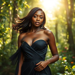 Prisca, the 24-year-old woman with beautiful black skin, is now wearing a stylish, elegant dress that complements her figure gracefully