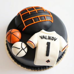 A bento cake design with a black volleyball net featuring an orange outline at the top of the cake