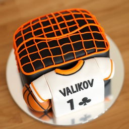 A bento cake design with a black volleyball net featuring an orange outline at the top of the cake