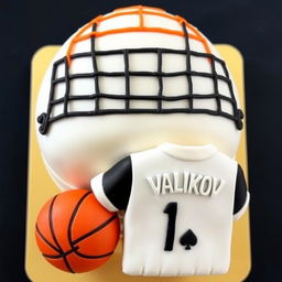 A bento cake design with a black volleyball net featuring an orange outline at the top of the cake