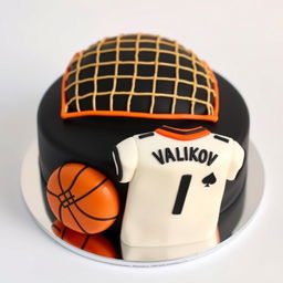 A bento cake design with a black volleyball net featuring an orange outline at the top of the cake