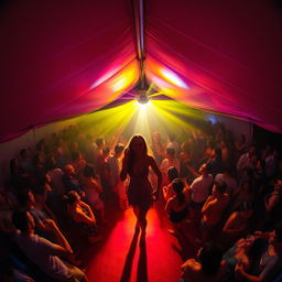 Inside a large, atmospheric tent transformed into a bustling dance club, filled with around 100 people enjoying their time drinking and dancing