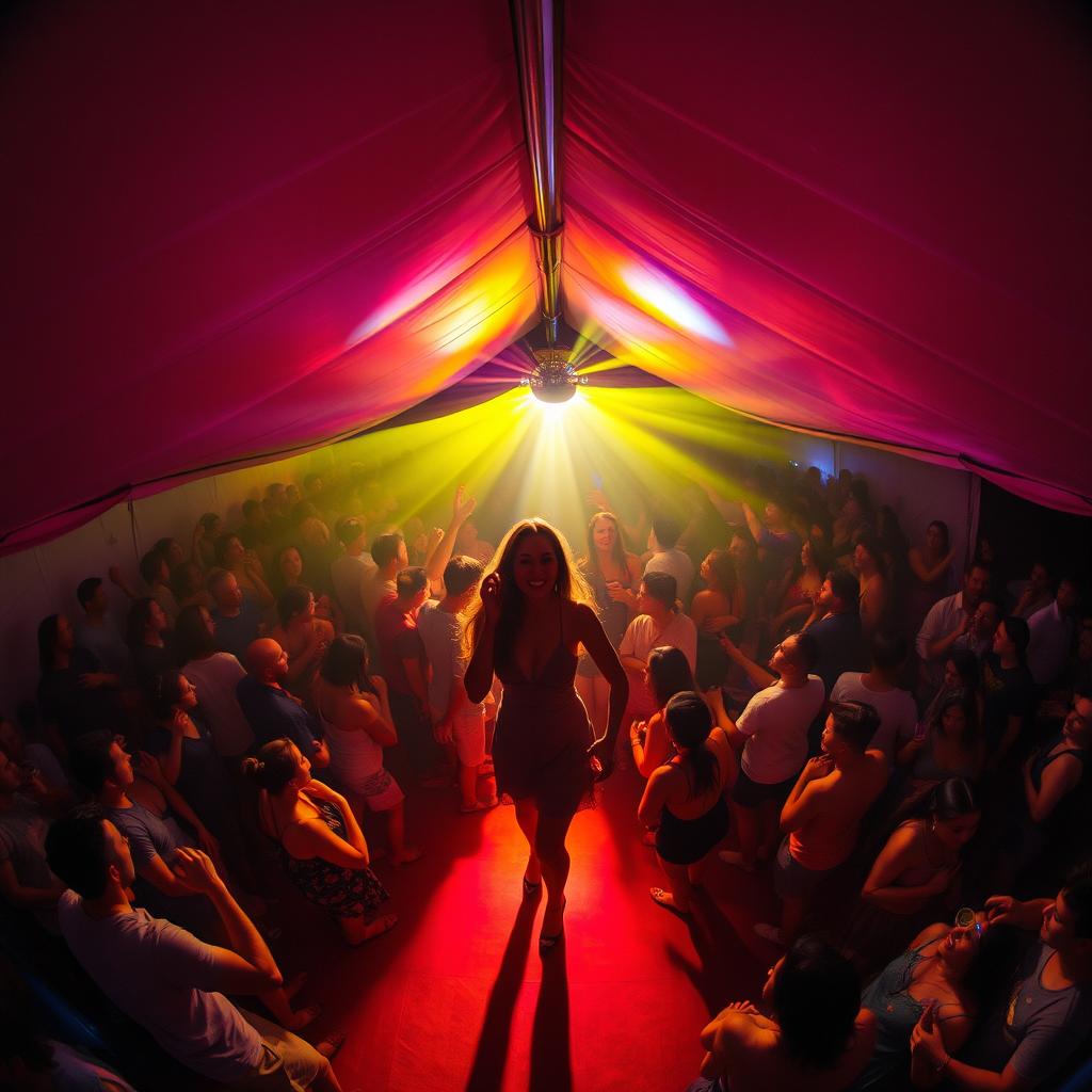 Inside a large, atmospheric tent transformed into a bustling dance club, filled with around 100 people enjoying their time drinking and dancing