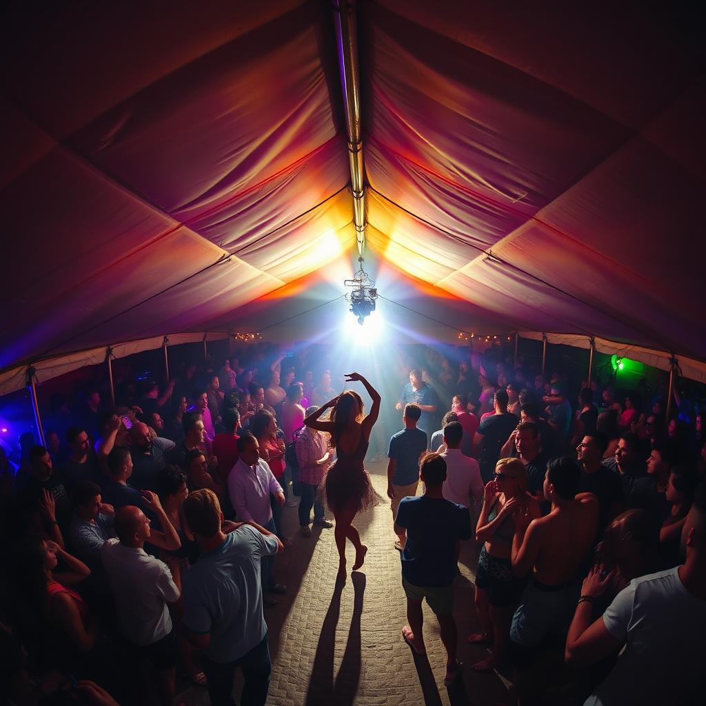 Inside a large, atmospheric tent transformed into a bustling dance club, filled with around 100 people enjoying their time drinking and dancing