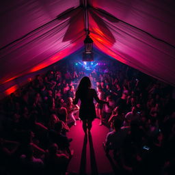 Inside a large, atmospheric tent transformed into a bustling dance club, filled with around 100 people enjoying their time drinking and dancing