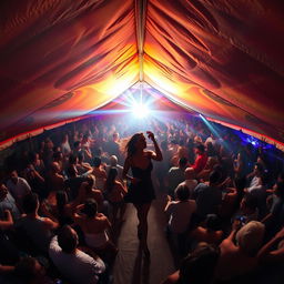 Inside a large, atmospheric tent transformed into a bustling dance club, filled with around 100 people enjoying their time drinking and dancing