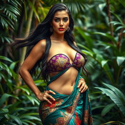 a stunning and curvaceous woman with long flowing hair, wearing a traditional saree and a hot bra in the heart of a lush jungle