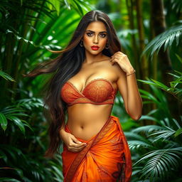 a stunning and curvaceous woman with long flowing hair, wearing a traditional saree and a hot bra in the heart of a lush jungle