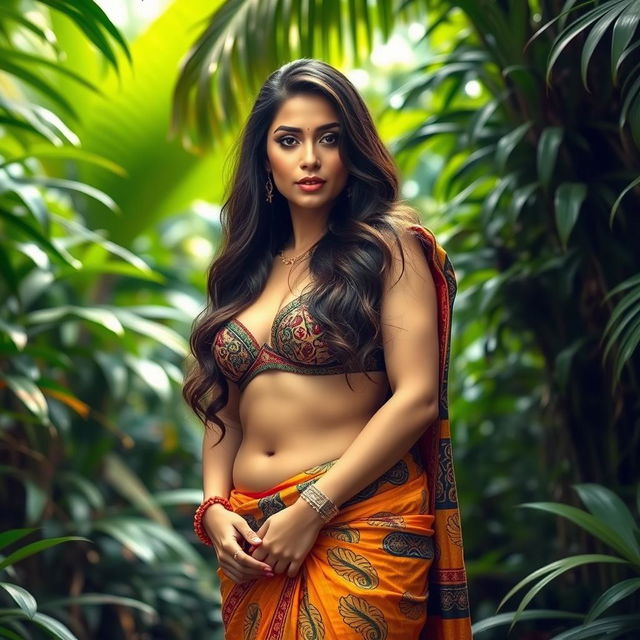 a stunning and curvaceous woman with long flowing hair, wearing a traditional saree and a hot bra in the heart of a lush jungle