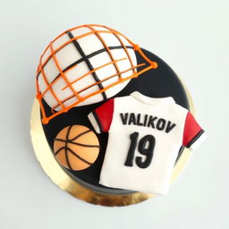 A bento cake design with a black volleyball net featuring an orange outline at the top of the cake