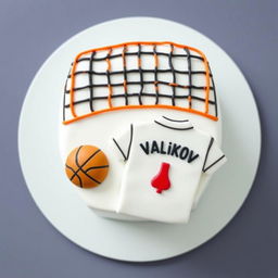 A bento cake design with a black volleyball net featuring an orange outline at the top of the cake