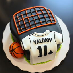 A bento cake design with a black volleyball net featuring an orange outline at the top of the cake