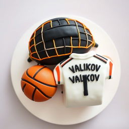 A bento cake design with a black volleyball net featuring an orange outline at the top of the cake