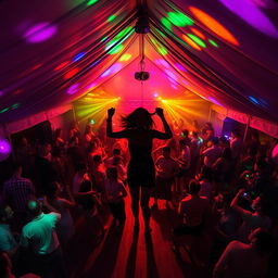 Inside a spacious tent house, transformed into an electrifying dance club, bustling with around 100 people who are energetically drinking and dancing