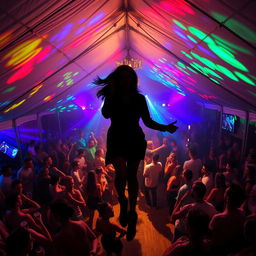 Inside a spacious tent house, transformed into an electrifying dance club, bustling with around 100 people who are energetically drinking and dancing