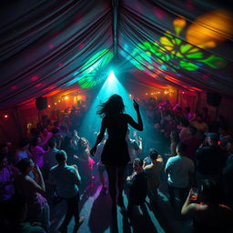 Inside a spacious tent house, transformed into an electrifying dance club, bustling with around 100 people who are energetically drinking and dancing