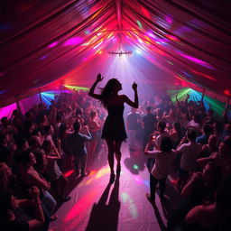 Inside a spacious tent house, transformed into an electrifying dance club, bustling with around 100 people who are energetically drinking and dancing