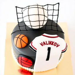 A bento cake design with a black volleyball net at the top of the cake