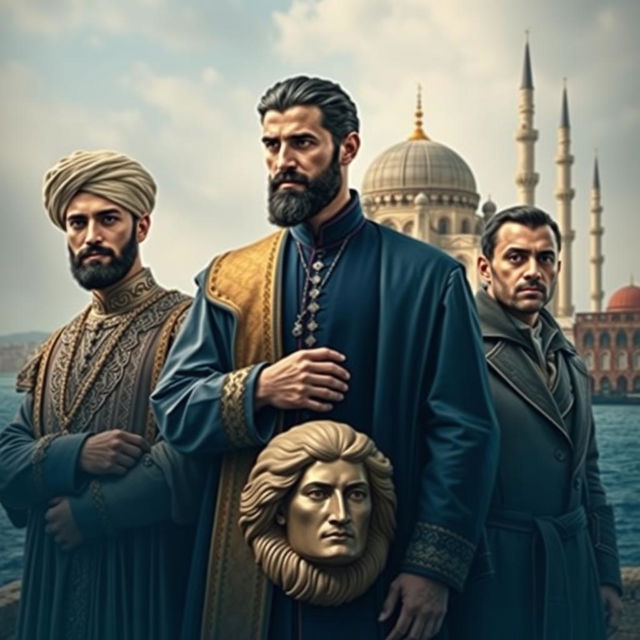 A captivating book cover for a historical novel set in Egypt in the year 1700 within a Muslim country, featuring three male characters dressed in period-appropriate attire that reflects their roles